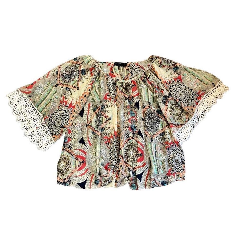 By Together Sheer Pull On Multicolor Blouse Lace Sleeve Trim Size Large